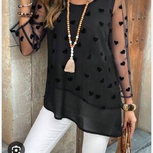 Black Heart Print Sheer Blouse Long Sleeves Asymmetrical Hem Size Large